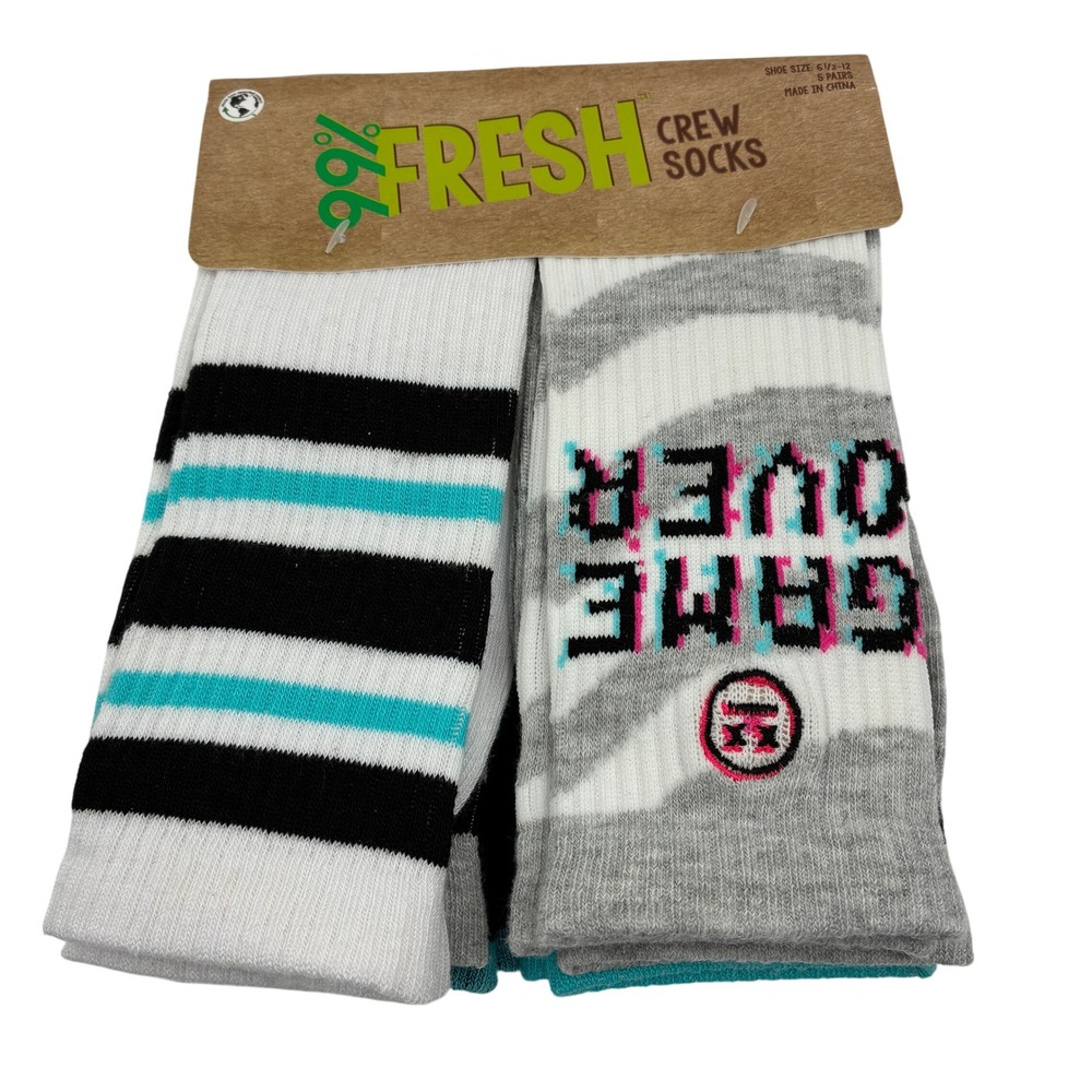 99% Fresh‎ Crew Socks 5 Pairs Shoe Size 6.5/12 Men's Novelty Game Over Stripes